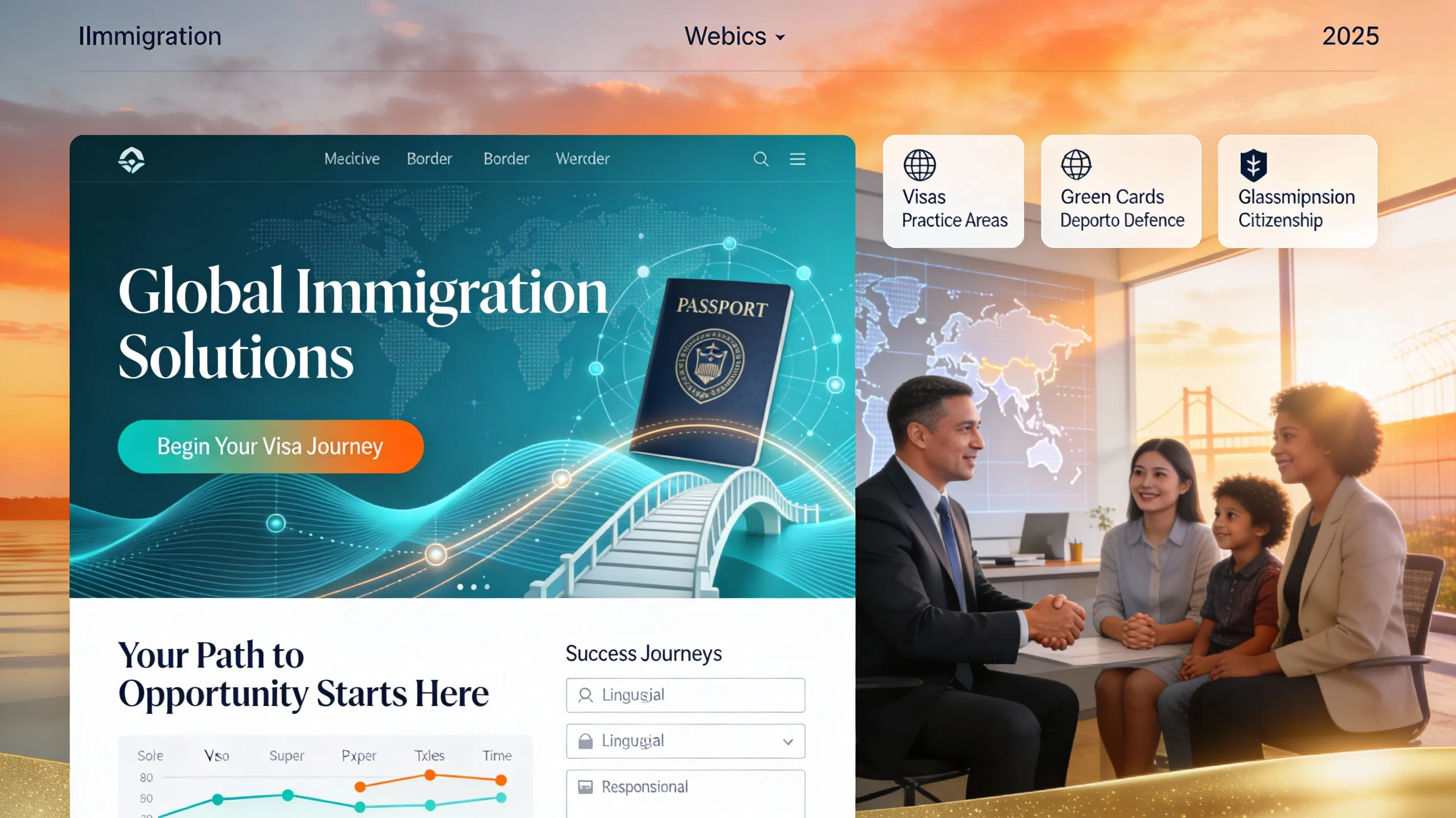 Immigration attorney website with visa application tools, green card guides, and multilingual content for citizenship seekers