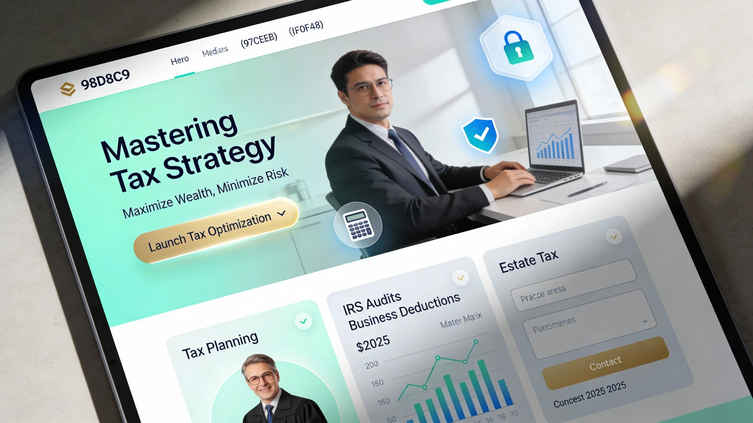 Tax attorney website featuring IRS audit defense, deduction calculators, and tax planning strategies for businesses and individuals